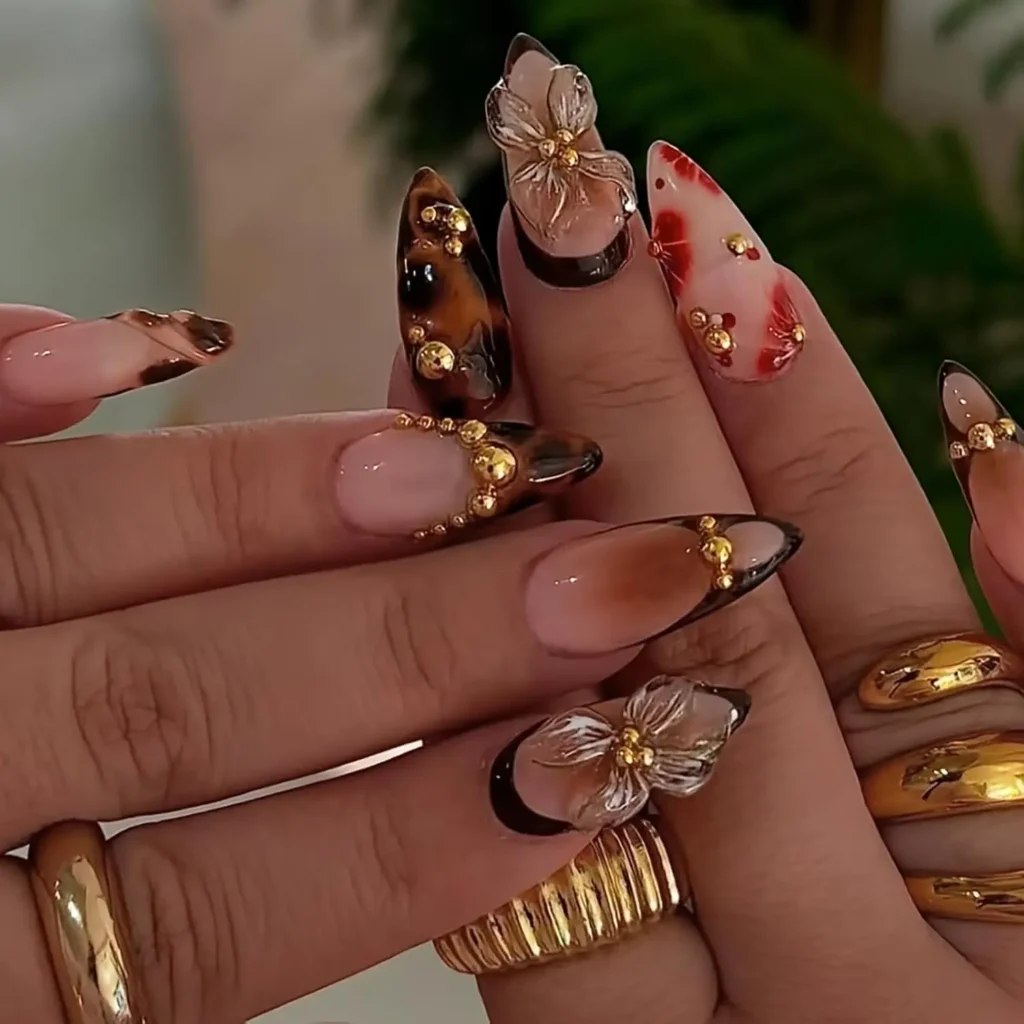 Best Fall 3D Brown Gold Flower Press On Nails