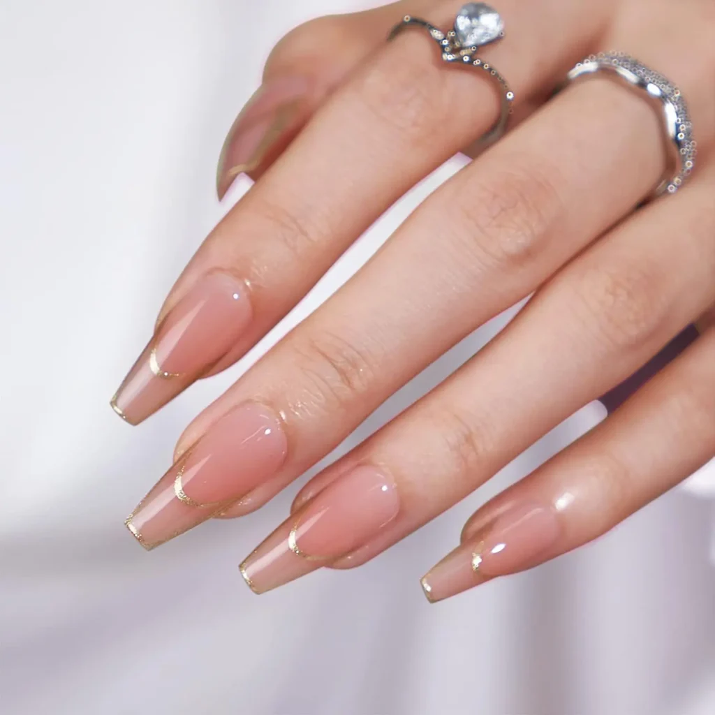 Rose Gold French Tip Nails | Long Coffin Press On Set