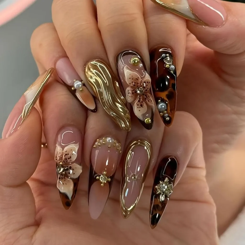 Best Brown Floral 3D Press On Nails Under $10