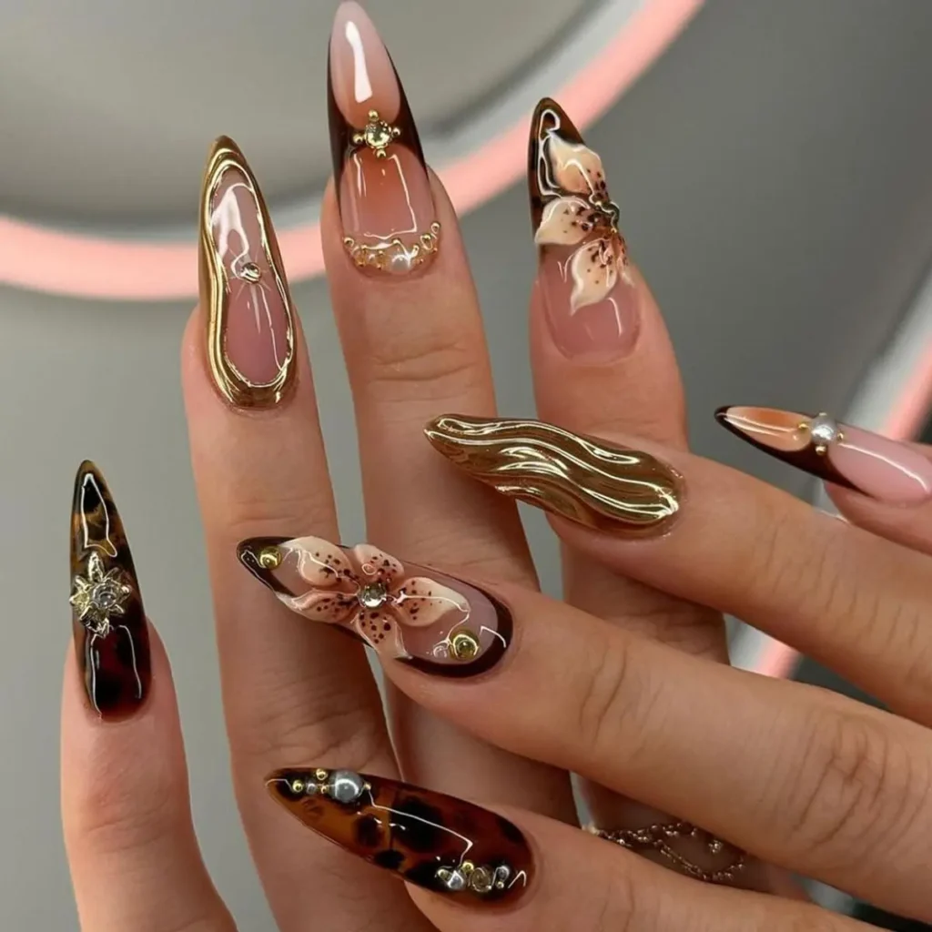 Best Brown Floral 3D Press On Nails Under $10