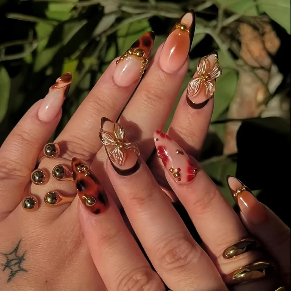 Best Fall 3D Brown Gold Flower Press On Nails