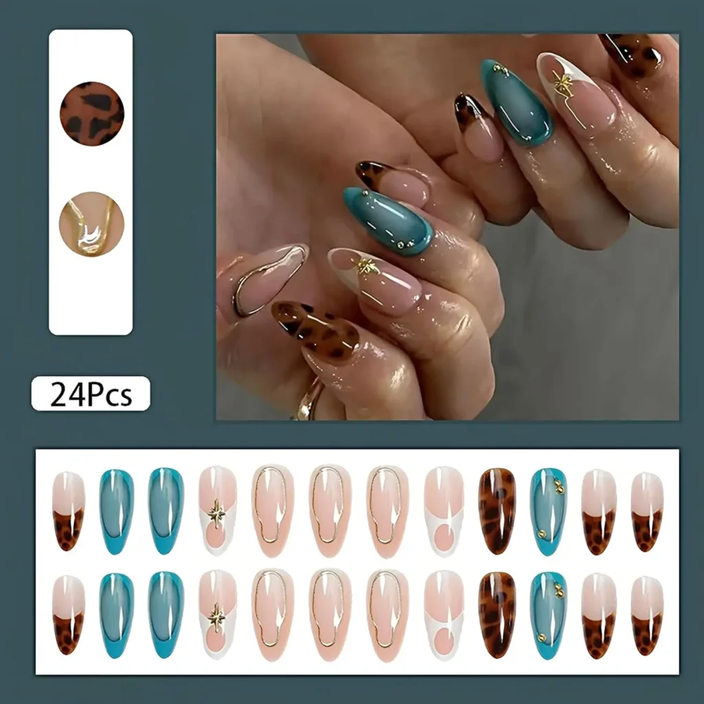 Almond Leopard Press On Nails French Tip for Women