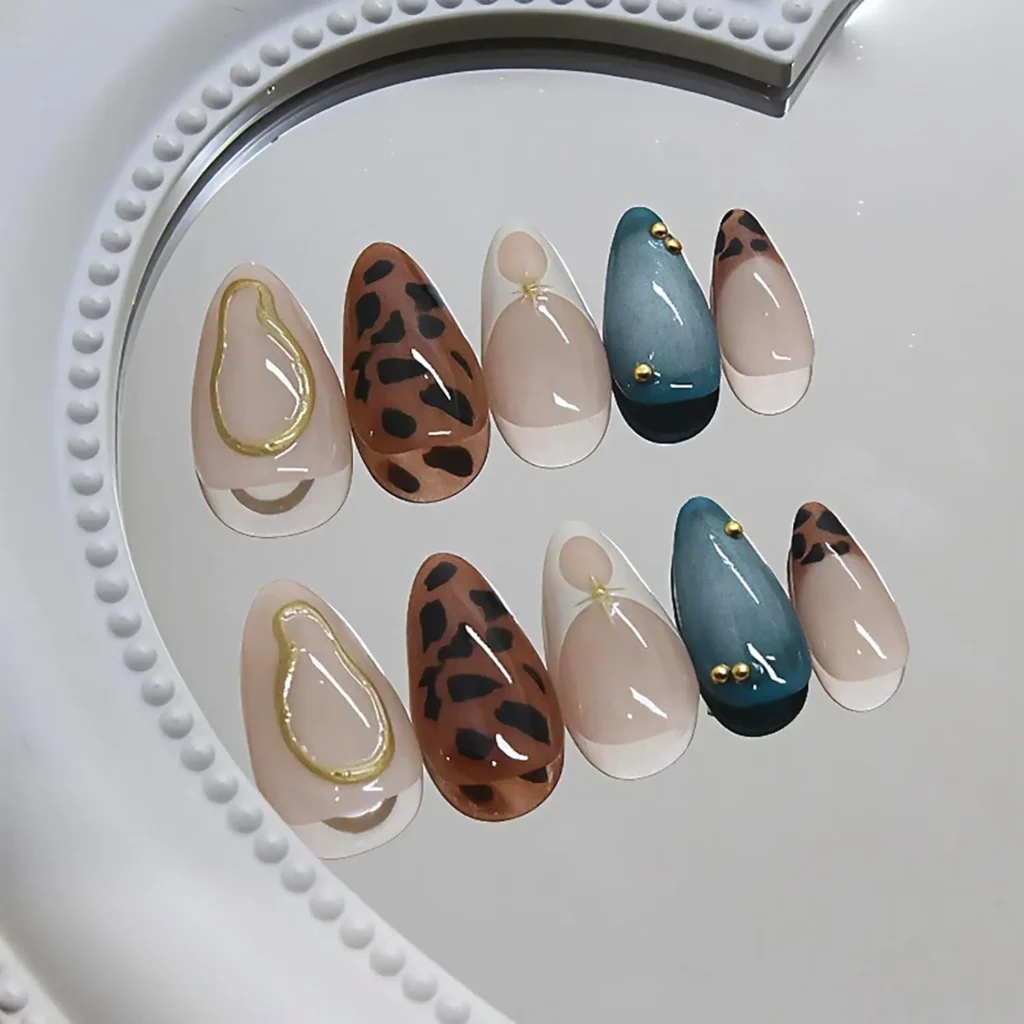 Almond Leopard Press On Nails French Tip for Women