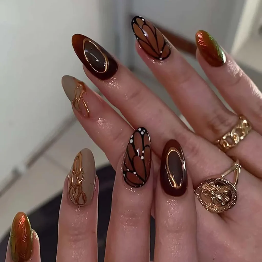 Fall Butterfly Press On Nails Brown Striped Party Nails