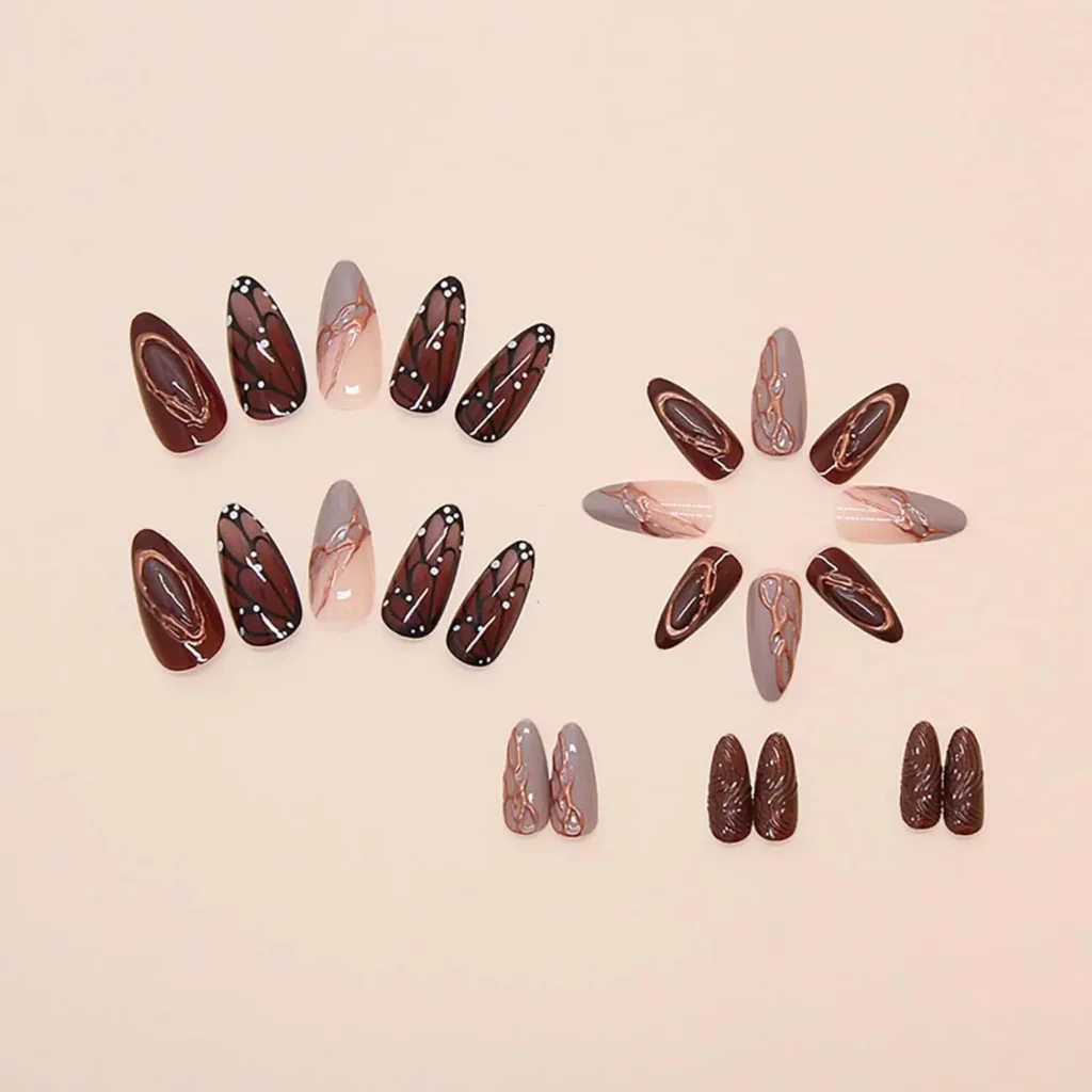 Fall Butterfly Press On Nails Brown Striped Party Nails