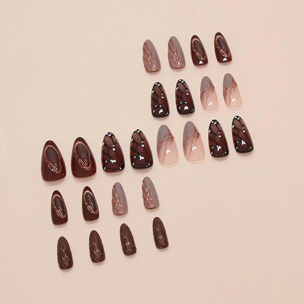 Fall Butterfly Press On Nails Brown Striped Party Nails