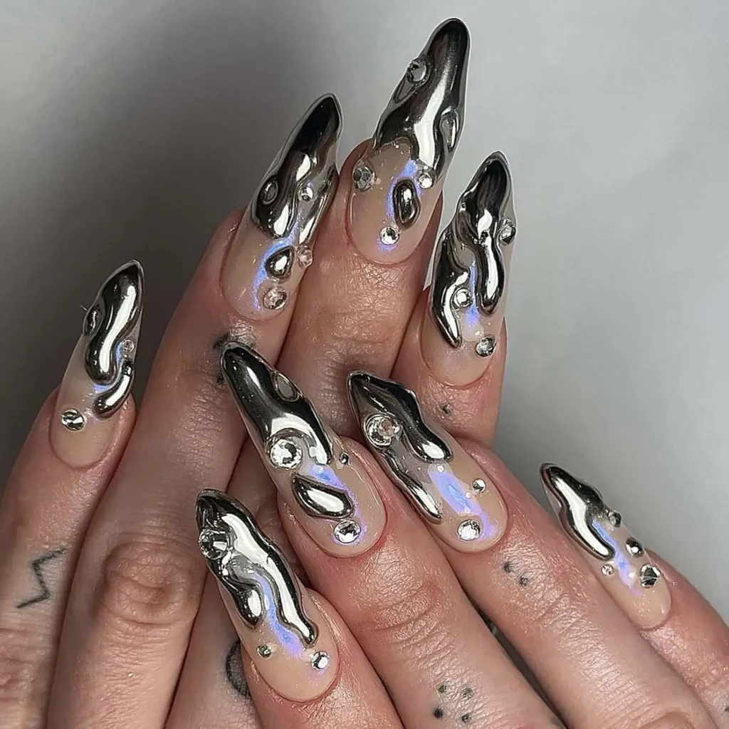 Best Silver Chrome Almond Nails Wedding Party