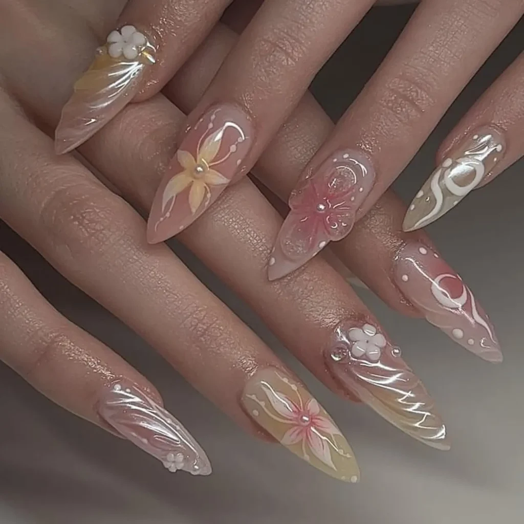 Ombre Nails with 3D Flower Design - Medium Almond