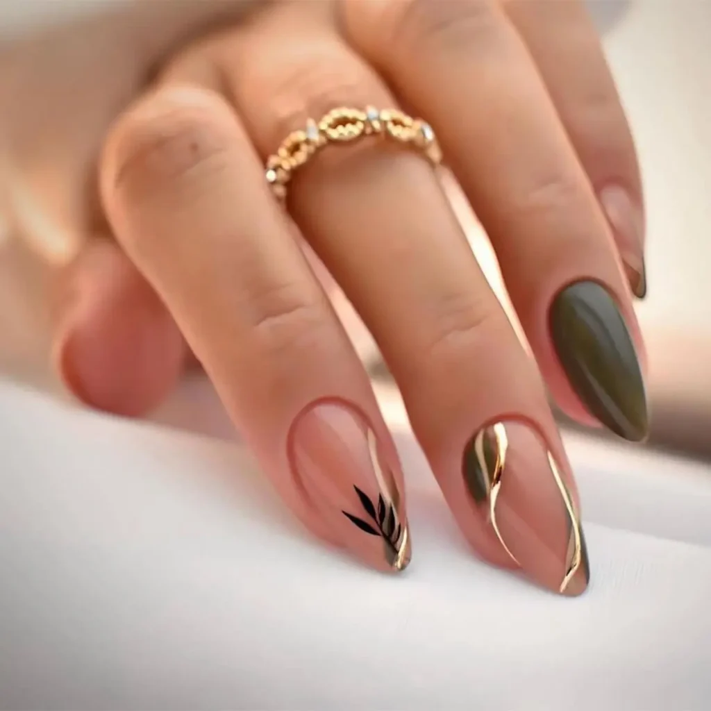 Dark Green Fall Nails with Gold Leaf Design - Almond Medium