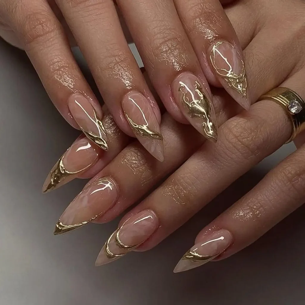Gold Chrome 3D Stiletto Almond Press-On Nails